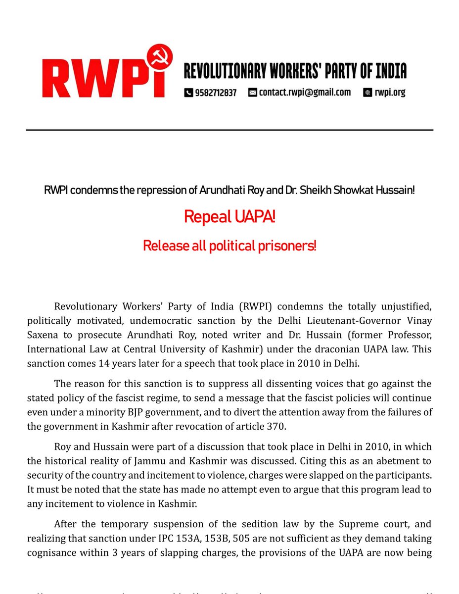rwpi_india's tweet photo. RWPI condemns the repression of Arundhati Roy and Dr. Sheikh Showkat Hussain!
Repeal UAPA!
Release all political prisoners!

https://t.co/bq8MuWsnDo

#ArundhatiRoy
#UAPA
#RepealAllPoliticalPrisoners https://t.co/lIqxuMLmAG