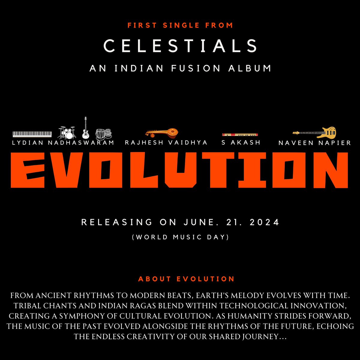 lydian_official's tweet photo. The First single “Evolution” from my Indian Fusion Album “Celestials” is releasing on the World Music Day, June 21st 2024…✨🎹
Releasing on all online music streaming platforms🎹
@RajheshVaidhya #SAkash #NaveenNapier #Celestials https://t.co/0sZpBSbJST