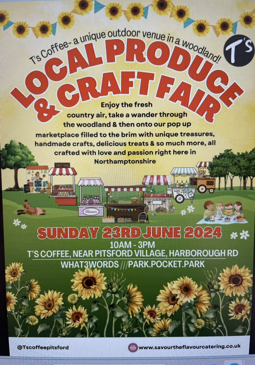 Our summer events are approaching very fast! Next Sunday we will be taking part in the ‘Local Produce &amp; Craft Fair’ at T’s Coffee Pitsford . It’s a fab venue run by lovely people absolutely based in the old Pitsford Quarry!