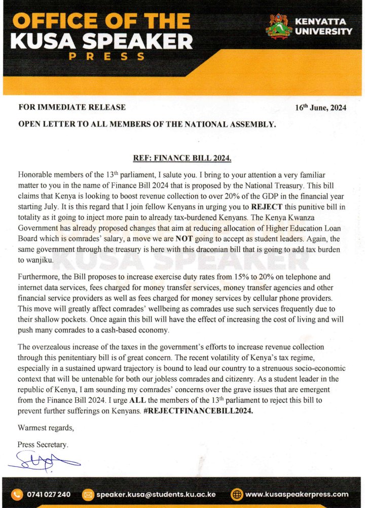 In the Spirit of Comradeship,I join fellow Kenyans in rejecting this punitive Finance Bill 2024. This bill if passed by our MPs will inflict more pain on Comrades who are already suffering because of the current hard economic times.
#RejectTheFinanceBill2024