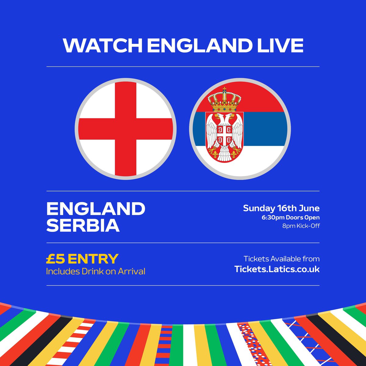 🏴󠁧󠁢󠁥󠁮󠁧󠁿🆚🇷🇸

Get down to the Broadway Suite tonight to cheer England on with us!

Doors open at 6.30pm. £5 admission including a drink is available on the night.