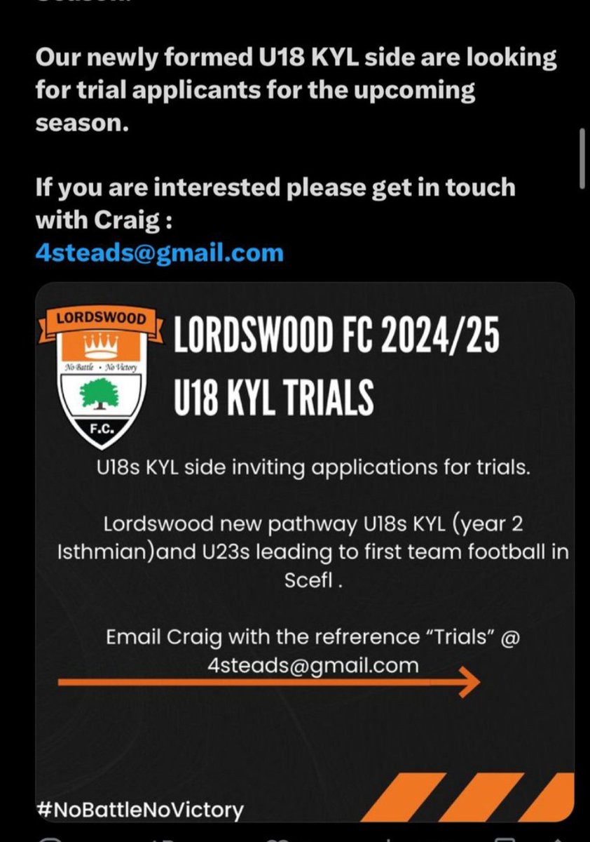 Ian Cook (@1ancook) on Twitter photo Lordswood FC are holding KYL trials for 2024/25 season U18
For more info Contact Manager
Craig Stead
Email 4steads@gmail.com Lordswood FC are holding KYL trials for 2024/25 season U18
For more info Contact Manager
Craig Stead
Email 4steads@gmail.com
