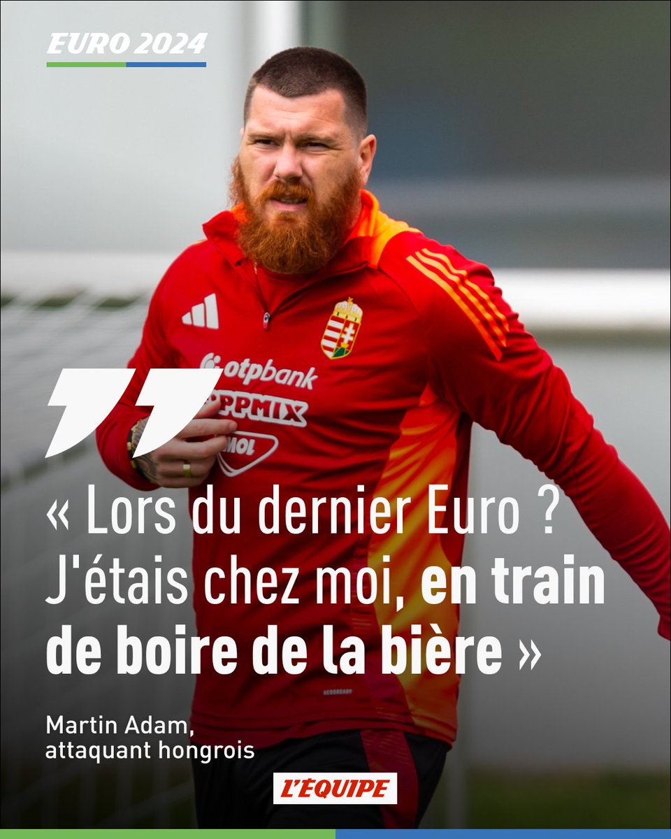 lequipe's tweet photo. Apparu en fin de match contre la Suisse (1-3), Martin Adam a été la star des réseaux sociaux, ce samedi. Un serial buteur se cache sous l'imposante carcasse du Hongrois. https://t.co/U6h5zN2zD4 https://t.co/DVLjOQOB5O
