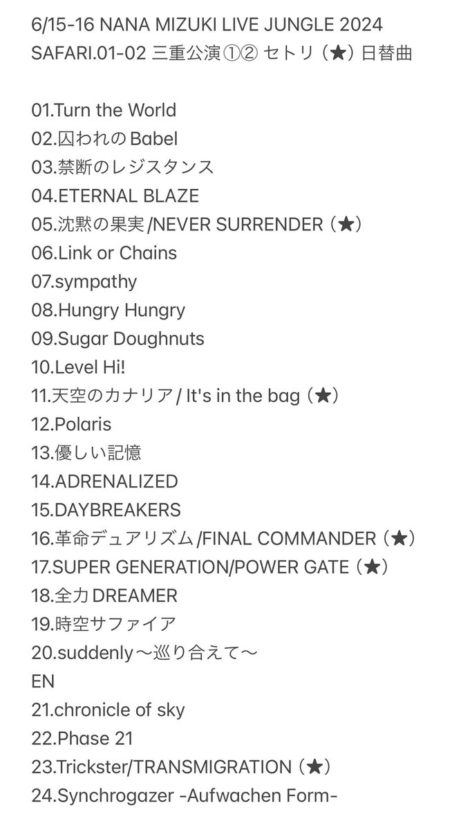 6/16 NANA MIZUKI LIVE JUNGLE 2024 SAFARI.02 三重公演② セトリ ※2枚