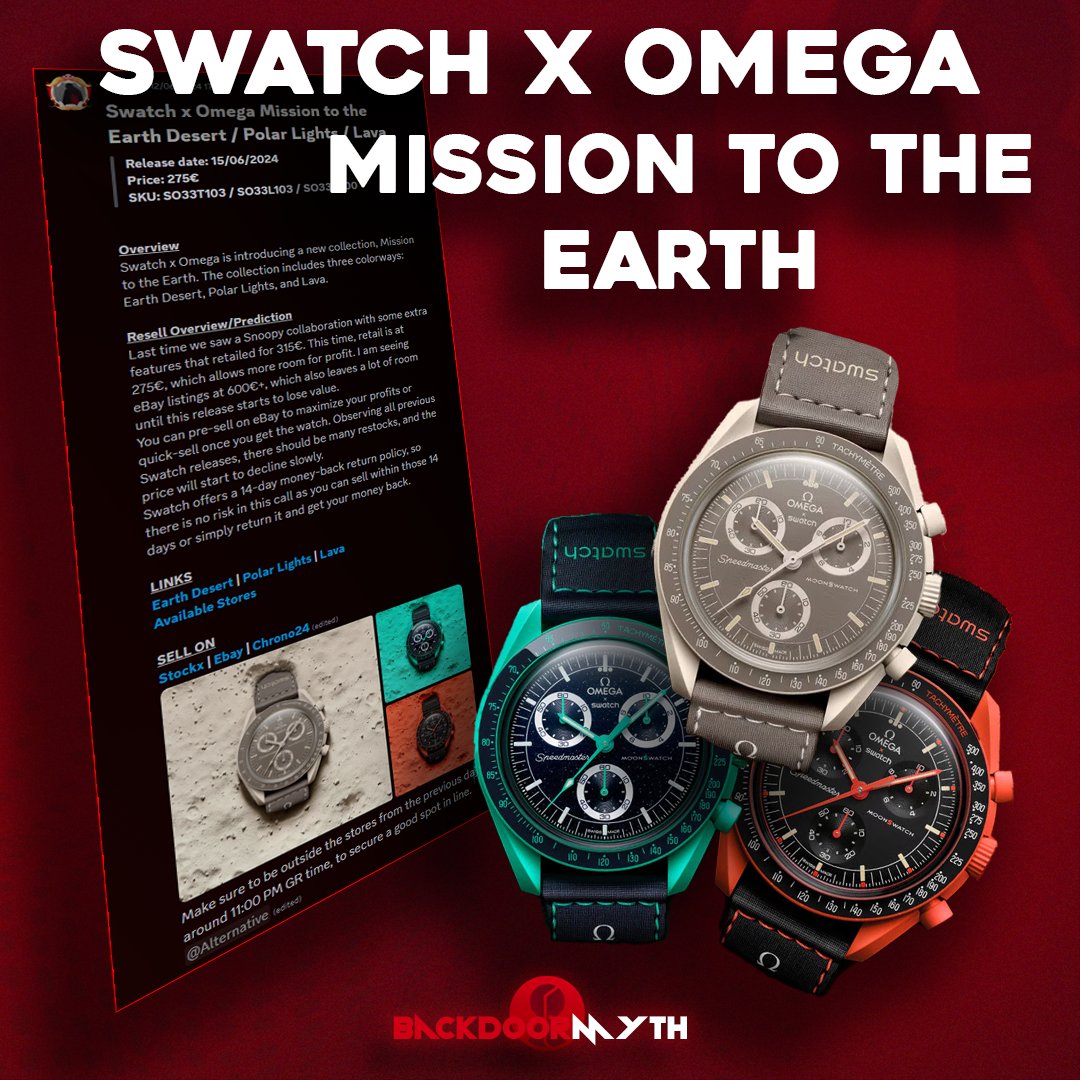 BackdoorMyth's tweet image. We provided info on the Swatch X Omega releasing 3 new versions of mission to the Earth.

• MISSION ON EARTH DESERT
• MISSION ON EARTH POLAR LIGHTS
• MISSION ON EARTH LAVA

Drawing inspiration from incredible earthly occurrences observed from
space.

whop.com/backdoor-myth/
