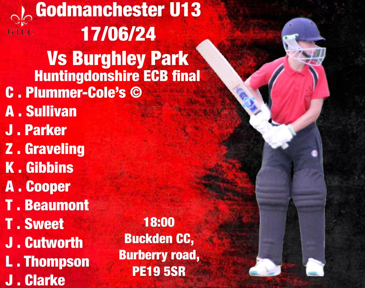 Our U13’s take on Burghley Park in the Huntingdonshire ECB final 💪

Come down and support the lads tomorrow evening from 6pm at Buckden CC!!
Come on Goddy!🏏