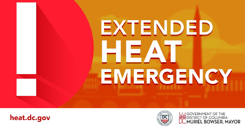 MayorBowser's tweet photo. An Extended Heat Emergency will be activated from Monday, June 17 - Friday, June 21. 

Please stay cool and check on seniors and neighbors.

If you see someone in need of shelter, contact:
📞Shelter Hotline: 202-399-7093 or 311
📞911 for an immediate safety risk