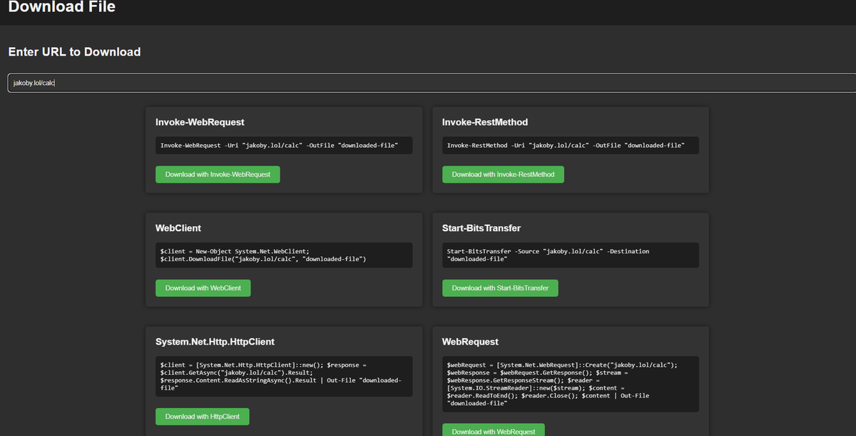 I added a page to my website where you just enter in the url for a file you want to download, 
and it will generate the powershell code to get it with every method that i know of 

i am documenting every bit of my knowledge on this website to share with you guys