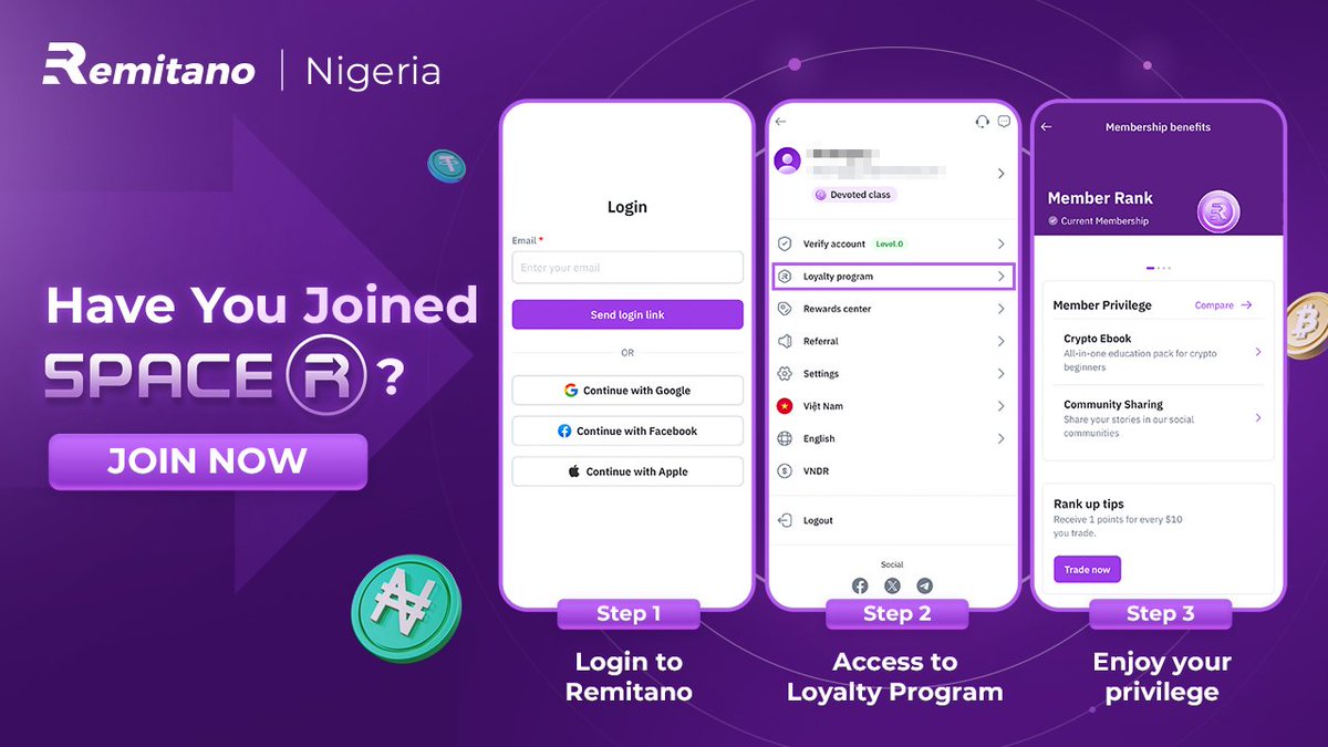 Ready to earn rewards while you trade? Our loyalty program offers exclusive  benefits and perks. Access with 3 simple steps: 🔑 Step 1: Sign Up/Login to  your Remitano account. 🎁 Step 2:
