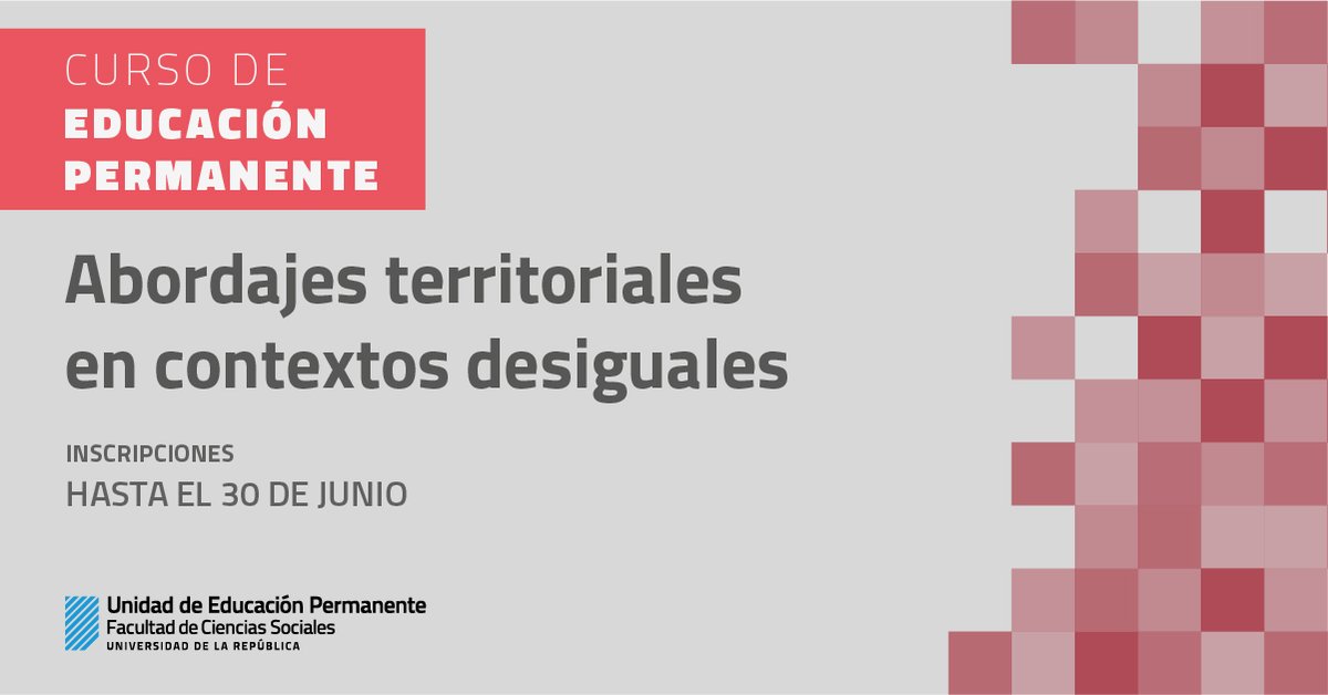 ✍️Inscripciones abiertas al curso de educación permanente «Abordajes territoriales en contextos desiguales». 
Objetivo reflexionar sobre abordajes integrales en contextos signados por la desigualdad territorial.
bit.ly/3z4BVlW