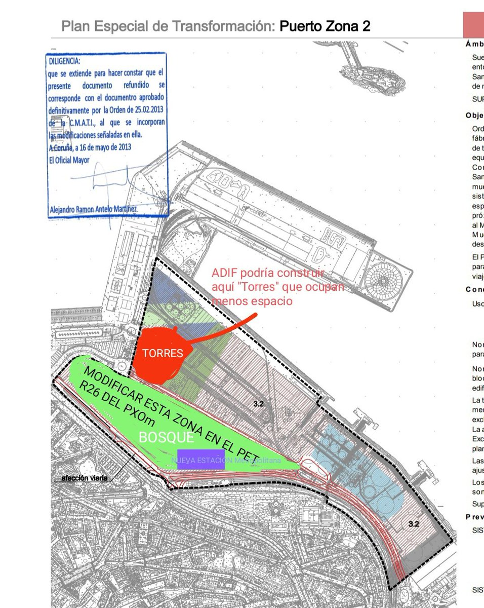 ESarmiento10's tweet photo. Sería bueno modificar el PET R26 del PXOM de A Coruña. El PXOM actual prevé la norma zonal 3 subzona 2 (bloques 6 plantas). Modificando el PET se podría crear un Bosque en San Diego con 1 nueva estación mejor ubicada  y construir TORRES (ocupan menos suelo) #coruna #puerto https://t.co/sLILVqQBpL