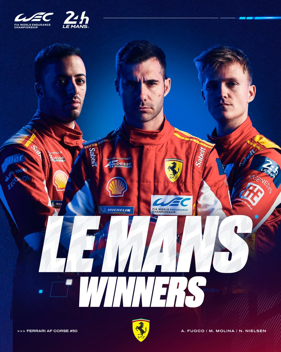 FIAWEC's tweet photo. Ferrari has done it again.
They are Le Mans winners!! 🏆

#WEC #LeMans24 #Ferrari https://t.co/JDaDhYGOki