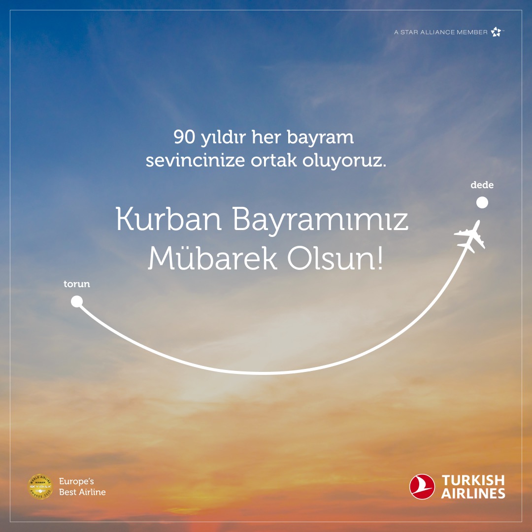 ✈️
THY Ailesi olarak, 90 yıldır hizmetinde olduğumuz  aziz milletimizin Kurban Bayramını tebrik ederiz. Daha nice bayramlara.

Ayrıca, hayırlı evlat yetiştirmeye gayret eden tüm babaların günlerini tebrik ediyoruz .

Allah her daim bayrağımızı  yükseklerde dalgalandırsın.

 🇹🇷❤️