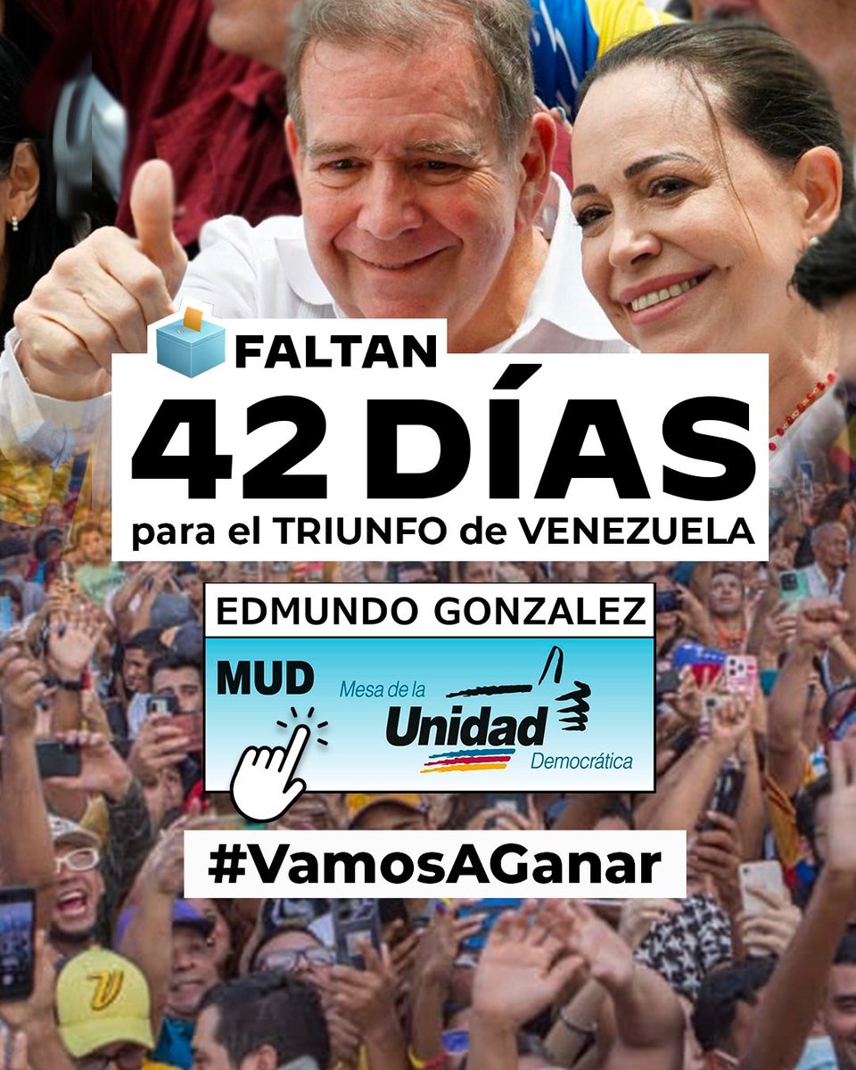 Faltan 42 días para que comience el cambio en Venezuela con la herramienta más poderosa que tenemos: el voto. Sigamos trabajando en unidad para garantizar la victoria de <a href="/EdmundoGU/">Edmundo González</a> unidos con el liderazgo de <a href="/MariaCorinaYA/">María Corina Machado</a>. #VamosAGanar