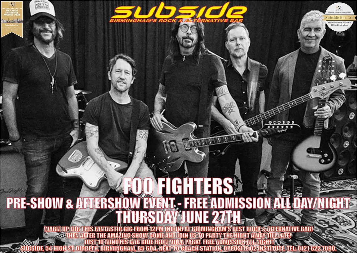 SubsideBar (@subsidebar) on Twitter photo The amazing Foo Fighters are at Villa Park on Thurs June 27th & we will be open from 12pm so you can warm up nicely at Birmingham's best rock & alternative bar!
And after the show we will be open for the biggest post-gig party in the city with FREE ENTRY all night!
<a href="/foofighters/">Foo Fighters</a> The amazing Foo Fighters are at Villa Park on Thurs June 27th & we will be open from 12pm so you can warm up nicely at Birmingham's best rock & alternative bar!
And after the show we will be open for the biggest post-gig party in the city with FREE ENTRY all night!
<a href="/foofighters/">Foo Fighters</a>