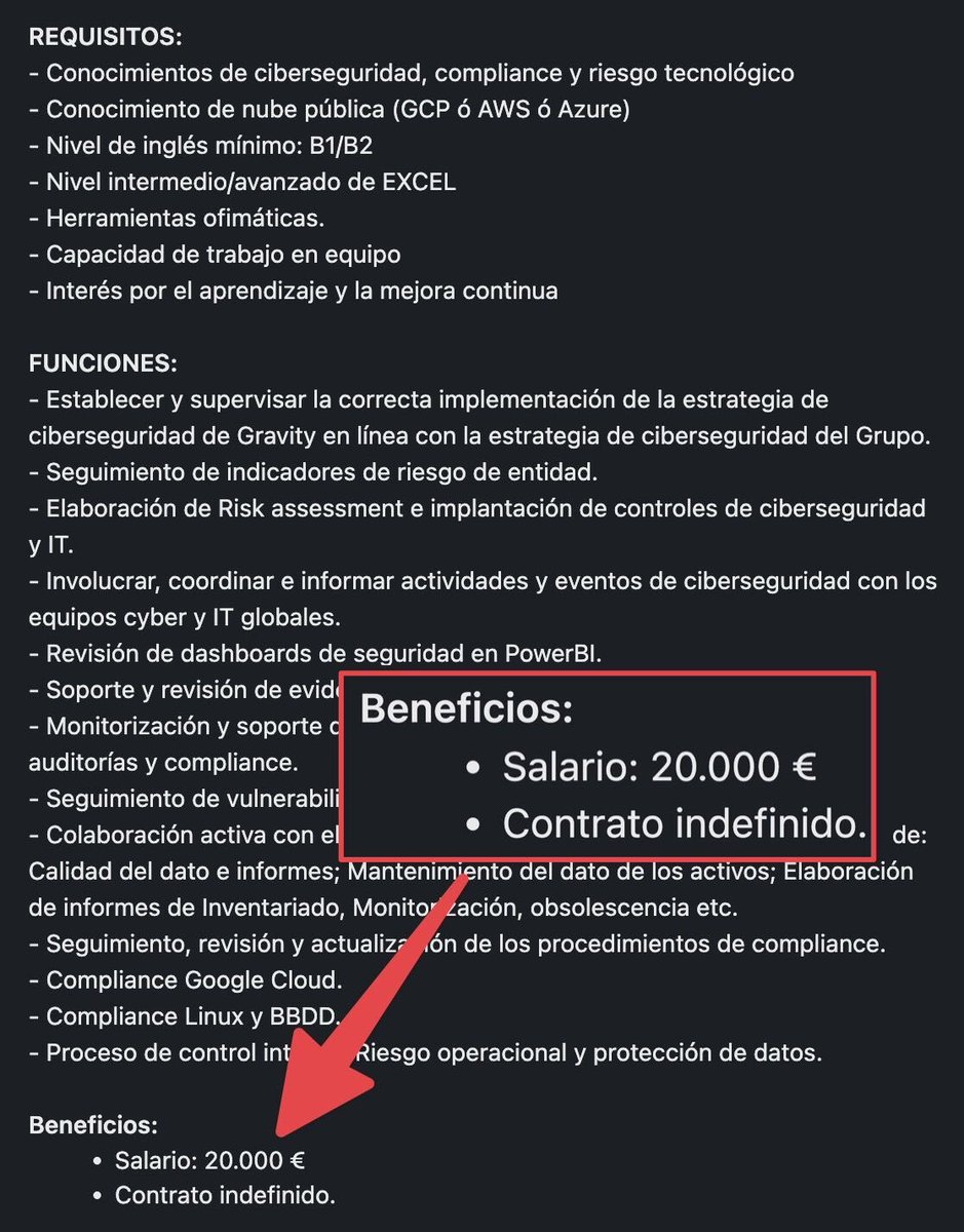 midudev's tweet photo. ¡Atención a esta oferta para Analista en Ciberseguridad!
Para un proyecto en el sector de la banca en Madrid.

Últimamente, muchas empresas han sido hackeadas.
Las noticias sobre datos filtrados son diarias.
¿Qué está pasando en la Ciberseguridad?
Pues yo lo tengo claro…

Muchas empresas, que facturan millones de euros al año, están ofreciendo sueldos irrisorios para puestos tan importantes y con tanta responsabilidad.

Pero piden una lista inmensa de requisitos, funciones y deberes. Y un sueldo de 20.000€ al año.
