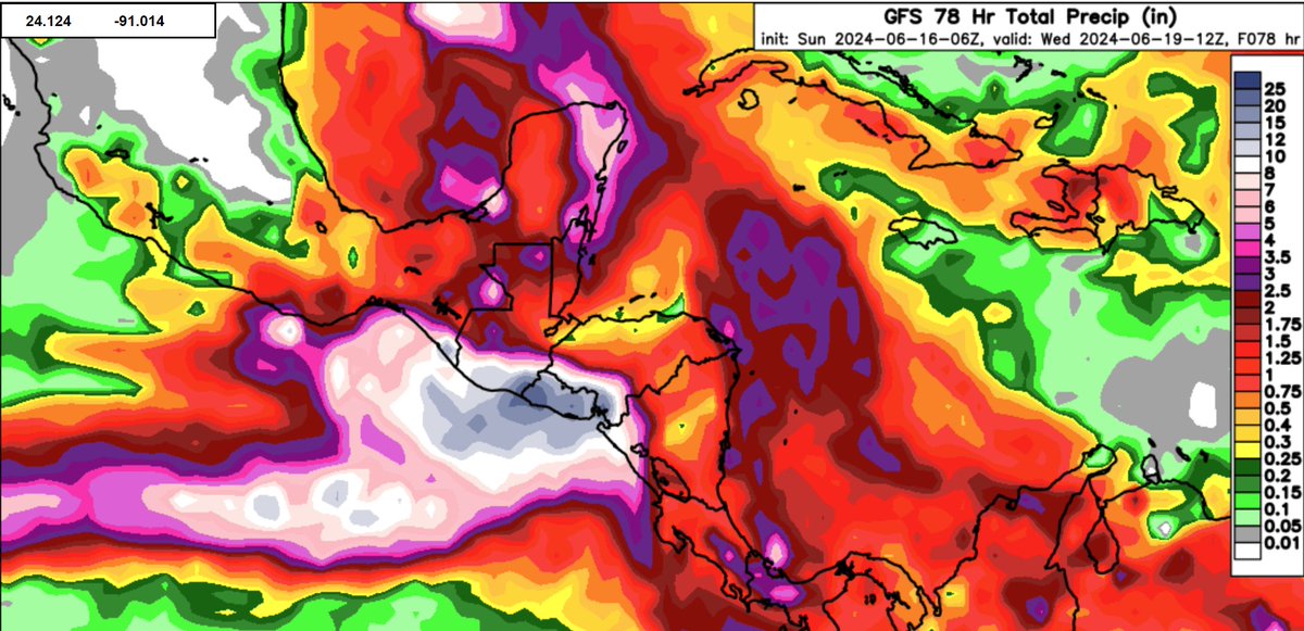 MOISESURBINA's tweet photo. Buenos dias, domingo 16 Junio 2024. Un dia de mucha lluvia por delante... La zona oriental de El Salvador, continua siendo la mas golpeada por las precipitaciones. Los modelos NO han cambiado mucho y hoy los 2 principales, GFS, ECMWF e incluso el modelaje del MARN, ya hablan de promedios por encima de los 300 mm desde hoy al Miércoles 19 Junio, 0 horas.
Algunos modelos tambien sugieren que el Giro Centroamericano continuara NO solo hasta mitad de semana, SINO mas alla... alrededor del 23 Junio.
Talvez en la capital y algunas zonas del centro y norte no ha llovido tanto a este momento, pero la zona del Golfo de Fonseca y Oriente, llevan ya mas de 150 mm
@elnoticiero_6 
Sigue ....