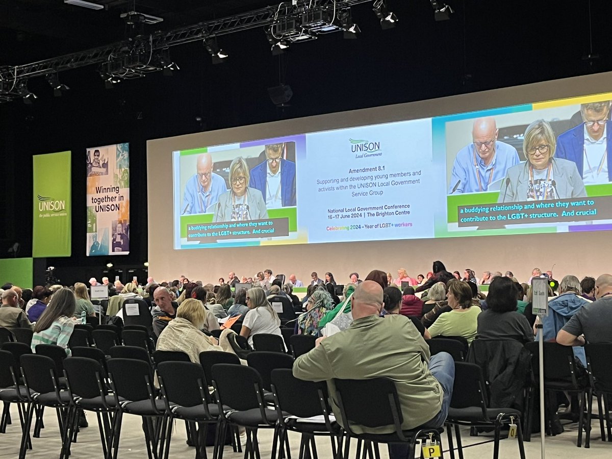 NorthernUNISON's tweet photo. Penny and Kameron from our region speak in support of Motion 8: supporting and developing young members and activists within the UNISON Local Government Service Group #ulgc24 https://t.co/7Z9c89QVxr
