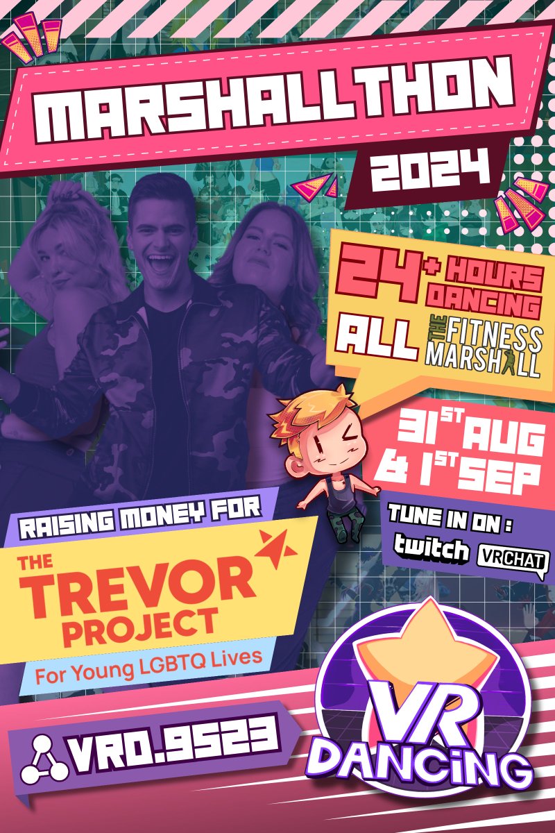 Our largest yearly event is coming soon! 
#Marshallthon 2024 will start on 31st August!

24+ hours of nonstop dancing of all <a href="/TheFitMarshall/">Caleb Marshall</a>, while raising money for <a href="/TrevorProject/">The Trevor Project</a>!

Stay tuned for more updates in our discord!

#VRChat #VR #Dance #Dancing
