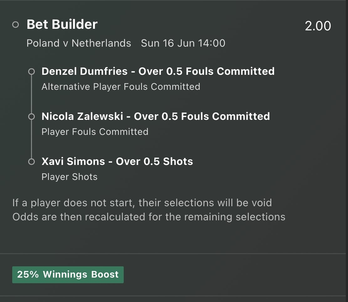 SBFootballTips's tweet image. 📝 Poland Vs Netherlands Bet Builder 

Dumfries has made 1+ foul in last 22 international games 
Zalewski Poland fouls : 1,1,2,1,1,2,1,1
Xavi Simons shots : 2,2,1,3,2,2,1,3,1,0,6,1

📚 Bet365
⚽️ 2.00 odds with 25% Boost Available