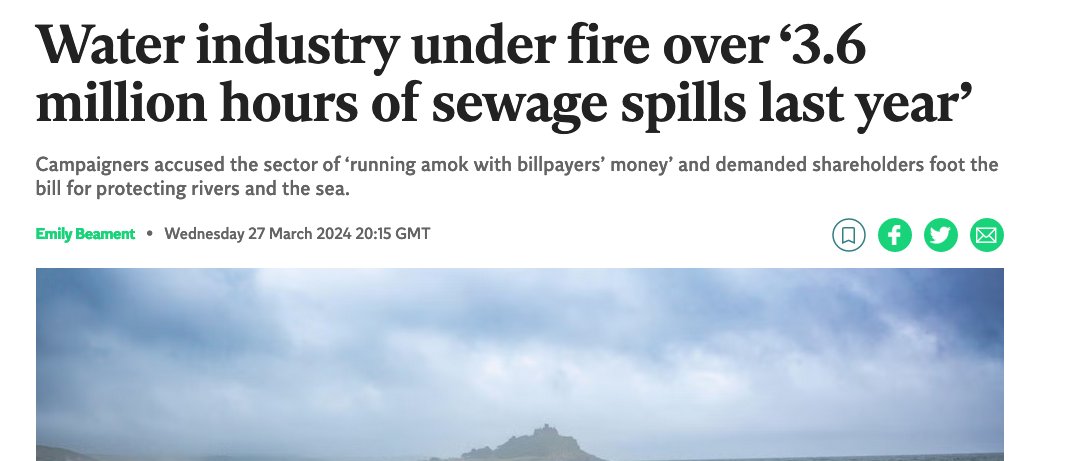 willydunn's tweet image. A 🧵 about rivers, and a brilliant scientist trying to protect them. 
Headlines like this are grimly familiar. But a question people don't tend to ask is: why “hours”? 
If your boiler's leaking you want to know how much, not how long for. The answer is revealing...