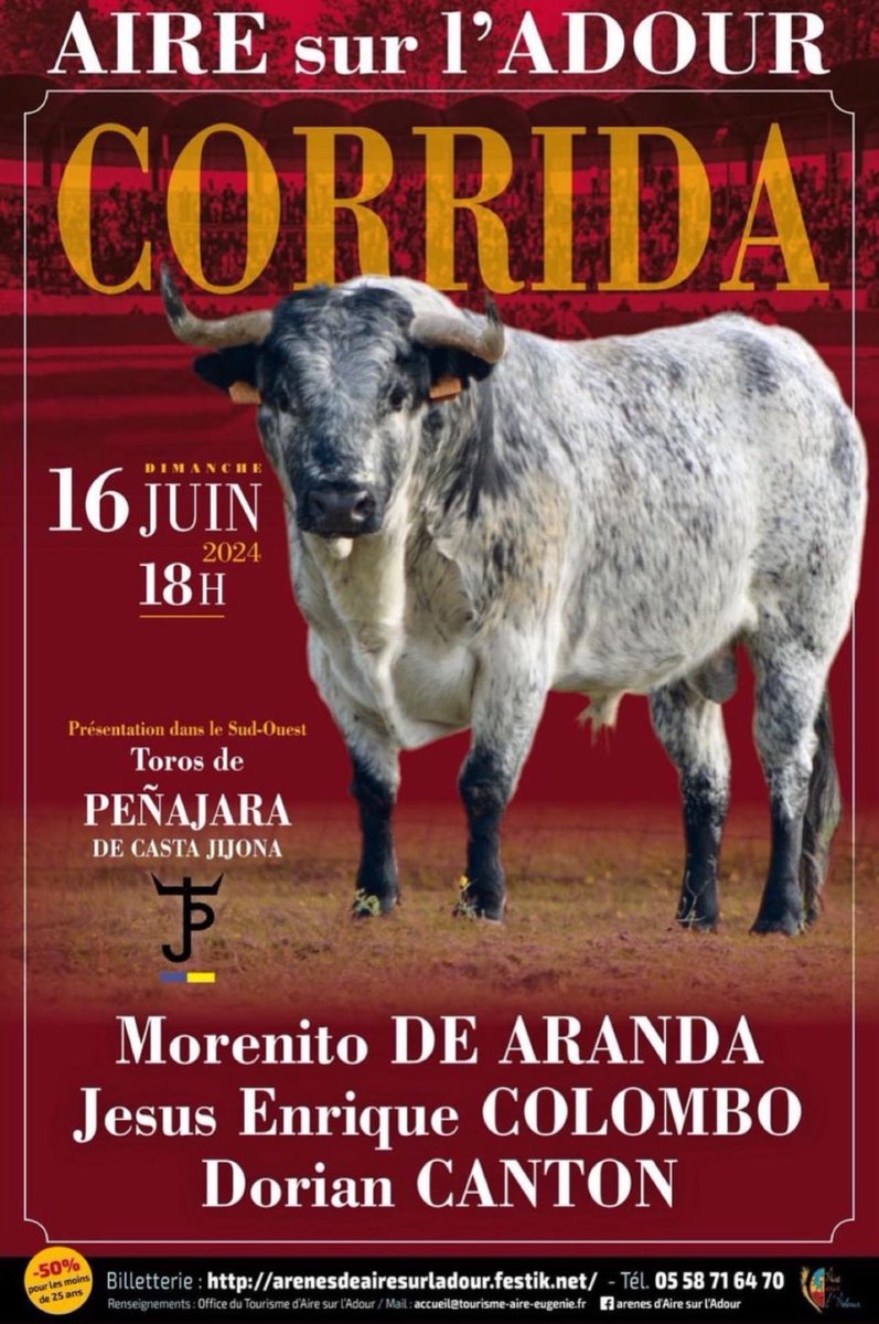 📅🇫🇷 Esta tarde, Jesús Enrique Colombo frente a los toros de Peñajara de Casta Jijona en Aire Sur l’Adour (Francia)

¡Suerte! 🍀