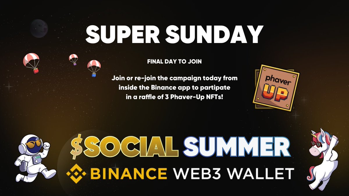슈퍼 선데이입니다! 바이낸스 웹3 지갑 캠페인에 참여할 수 있는 마지막 날이며, 오늘 바이낸스 앱 내에서 페이버업 NFT 중 3개를  추첨하여 드립니다! 📲 이전에 이미 민팅하셨더라도, 웹3 지갑 에어드랍에서 페이버 배너를 찾아 오늘