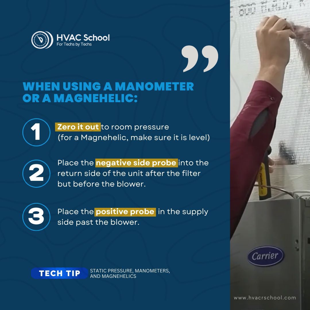 HVACRSchool's tweet photo. Static pressure is a crucial measurement for diagnosing airflow issues in HVAC systems. Learning how to accurately measure it can help you maintain an efficient system.
For more tech tips, visit our website! https://t.co/jcTQ8crfZb
#HVACSchool #HVACTips #HVACR #StaticPressure https://t.co/oAop8ntyLO