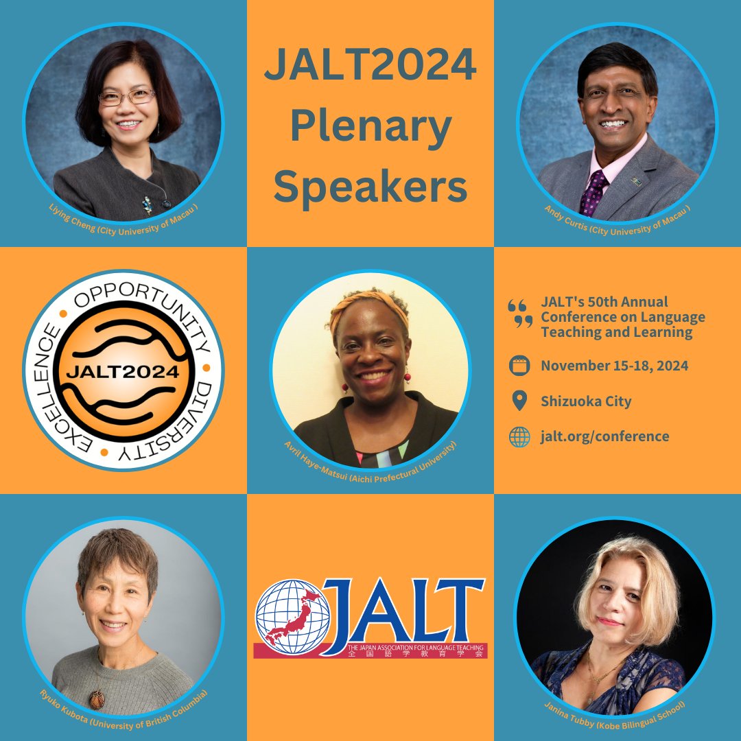 JALT is pround to announce our plenary speakers for JALT2024! Details about their sessions are available on the #JALT2024 Conference website: jalt.org/conference/jal…