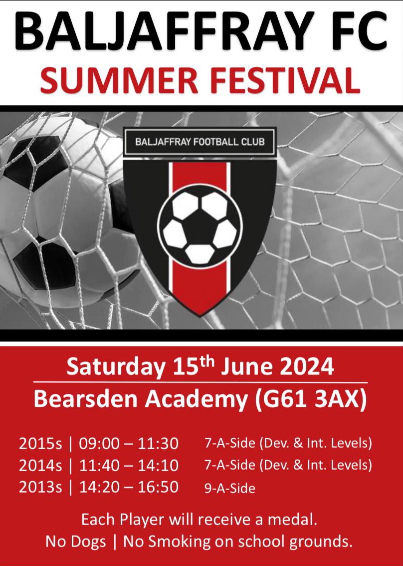 Baljaffray_FC's tweet photo. Well done to all the organisers, visiting teams players and spectators for making yesterday another enjoyable one.

Our second summer festival and shows the vision we’re trying to promote for our club in the local community.

Have excellent summers everyone ⚫️🔴⚫️ https://t.co/vgG6ox3Dhm