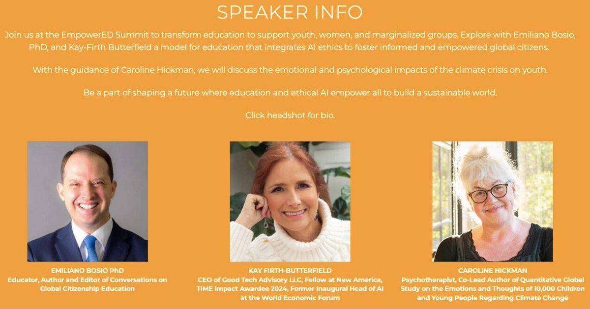 🌍 Delighted to Speak at the EmpowerED Climate Summit! We’ll discuss global citizenship, AI ethics to foster informed and empowered global citizens, as well as the emotional and psychological impacts of the climate crisis on youth. Details: linkedin.com/events/empower…