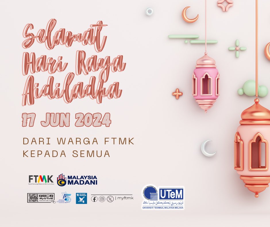 Selamat Hari Raya Aidiladha
10 Zulhijjah 1445H bersamaan dengan 17 Jun 2024

“Moga keberkatan dan rahmat Allah sentiasa bersama kita semua.”

Dari warga FTMK