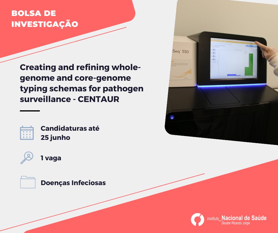 irj_pt's tweet photo. Bolsa de Investigação no âmbito do Projeto “Creating and refining whole-genome and core-genome typing schemas for pathogen surveillance (CENTAUR)”. Candidaturas até 25 de junho.

Saiba mais ➡️ https://t.co/PkZ8XsI56m

#CENTAUR #DoençasInfeciosas #INSA #InstitutoRicardoJorge #SNS https://t.co/1iFQ9DUifV
