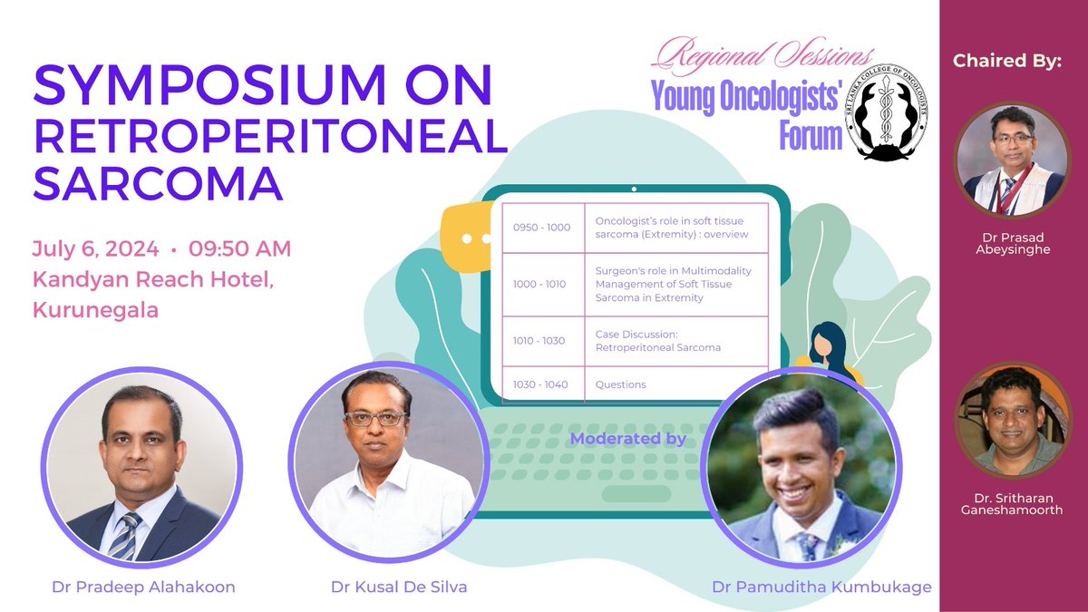 slconcology's tweet photo. We're excited to invite you to the Regional Sessions organized by the Young Oncologist's Forum of the Sri Lanka College of Oncologists, taking place in Kurunegala from July 5th to 6th 2024.
See the flyers below for more details about our symposiums. https://t.co/lojoSsvqBe