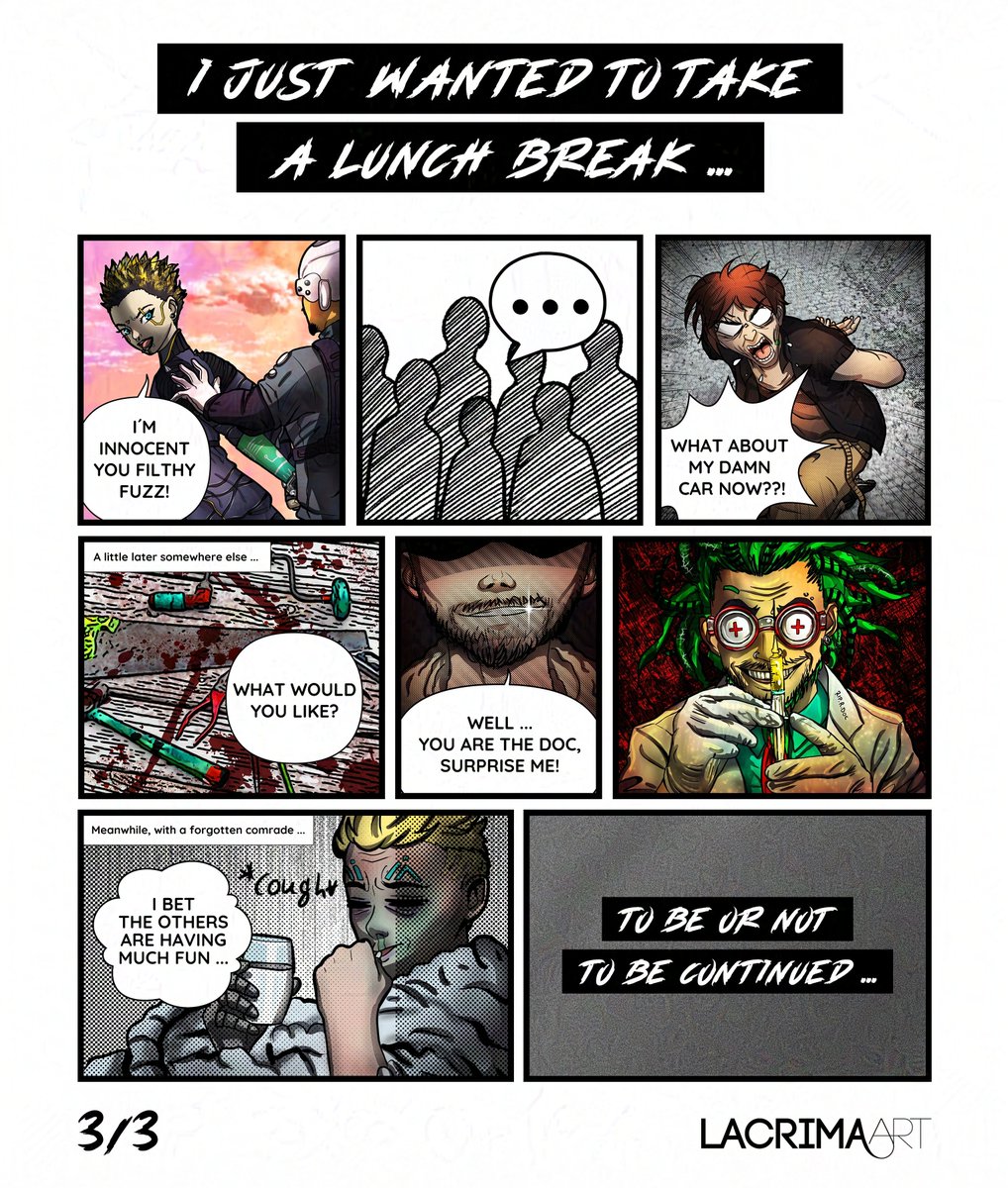Cyperpunk Short Comic🥪
All 3 pages together. It was fun working on some hilarious panels again. Commissioned by an amazing gm of a crazy cyberpunk red group! 🫶

Did you find all anime / manga / cartoon references?👀