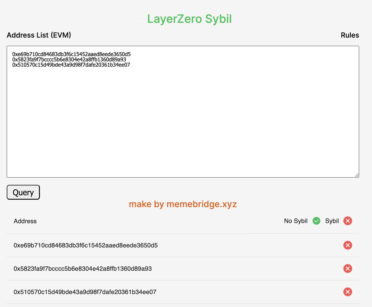 memebridger's tweet photo. LayerZero batch Sybil query
🫡: https://t.co/ttduYAzhV8
#LayerZero #LayerZeroSybil  #Sybil https://t.co/OHDdMieb12
