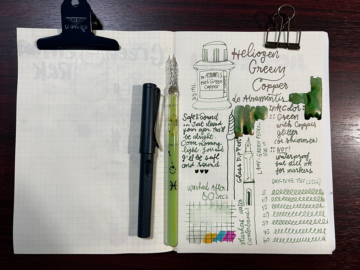 GUTSGaye's tweet photo. Ink: Green Ink with Copper Glitter No Sheen and NOT water-proof ink. It’s ok to apply color markers (water-based)
Pen: LAMY Green Petrol (M) &amp; Glass Dip Prn
#atramentis #greenink #penandink #inkreview #glassdippen #shimmerink #glitterink #greencopper #coppershimmer #copperglitter https://t.co/iE9fipvhRQ