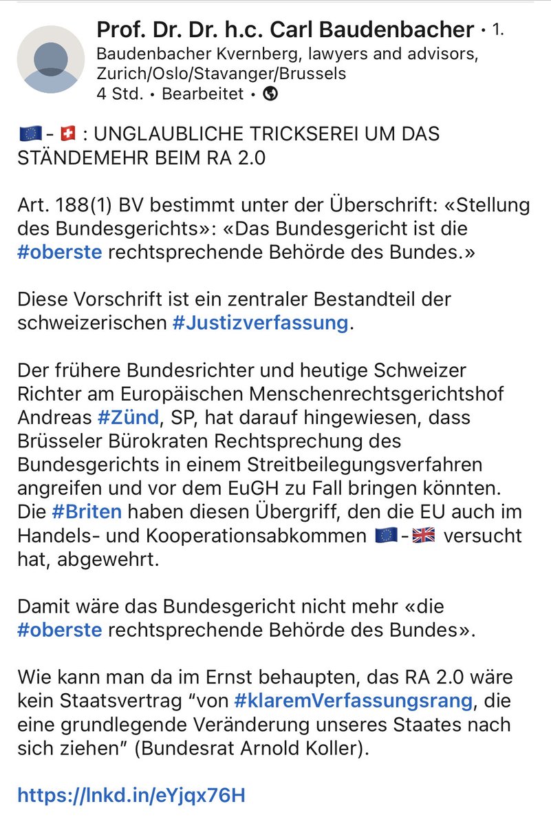 hjbertschi's tweet photo. 🇪🇺-🇨🇭: UNGLAUBLICHE #TRICKSEREI UM #STÄNDEMEHR BEI RA 2.0
1/3
Art. 188(1) BV bestimmt unter der Überschrift: «Stellung des Bundesgerichts»: «Das Bundesgericht ist die #oberste rechtsprechende Behörde des Bundes.»
Dies ist ein zentraler Bestandteil der #Justizverfassung der 🇨🇭. https://t.co/2IqbabdRUI