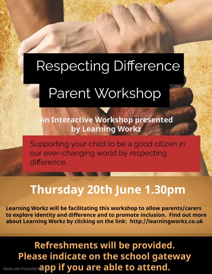 This Thursday at 1.30pm is our parent workshop on diversity and respecting difference- run by Learning Workz.  It would be great to see you there.  Please indicate on the school gateway app if you are able to attend.  Refreshments will also be provided.
#LifeAtOsborne