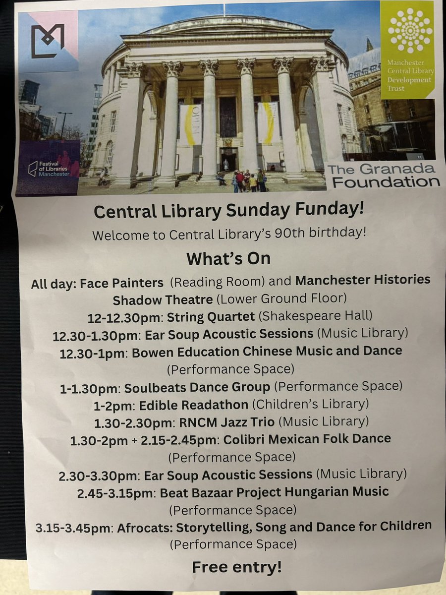 JohnRooManc's tweet image. Lots of fun free things taking place today at Manchester Central Library to celebrate its 90th birthday. We’re open until 4 pm @ManCityCouncil @hacking4chorltz