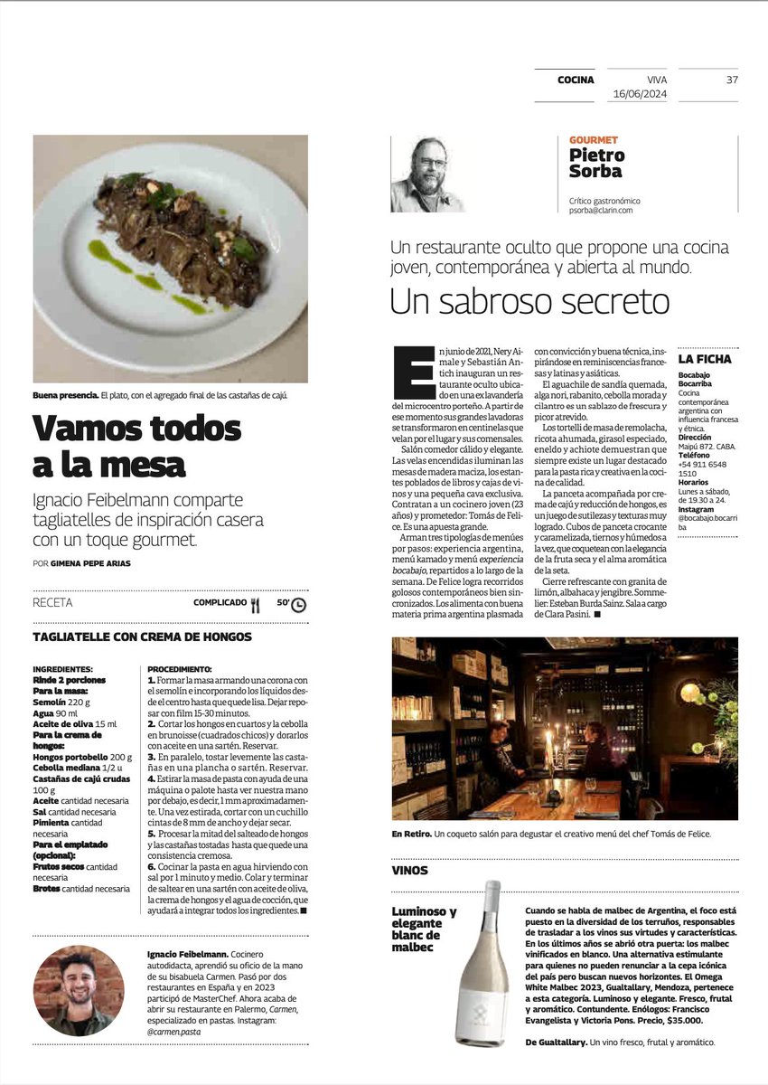 Buen día. Comparto con Uds. mi nota del domingo en #revistaviva y <a href="/claringourmet/">Clarín Gourmet</a>  <a href="/clarincom/">Clarín</a>. Hoy un restaurante oculto: #Bocabajo. El vino de la semana es el Omega White Malbec 2023 de #omegawines. Feliz día del padre. Buena lectura. Aquí va el link:
clarin.com/gourmet/retiro…