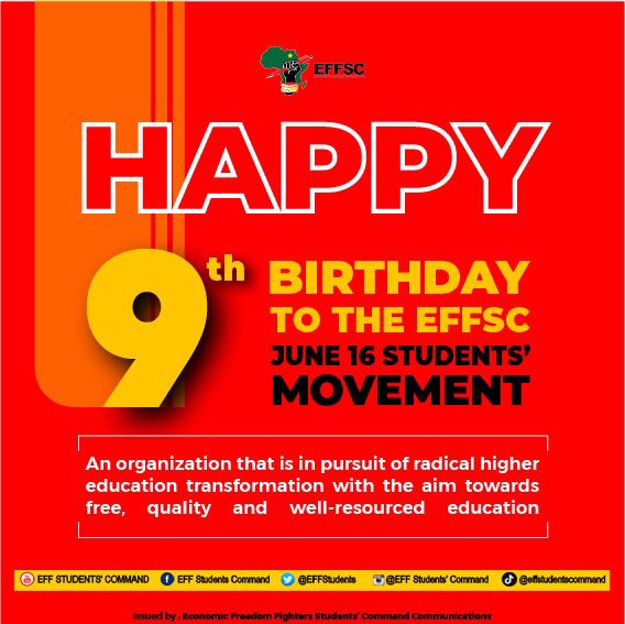 EFFSouthAfrica's tweet photo. May the EFFSC live long and continue to be a hammer and sickle in the hands of dejected youth in South Africa. Forward to 9 years of never selling out the students of South Africa! Forward to 9 years
of uncompromising resistance and love for working class students! 

#Happy9thBirthdayEFFSC