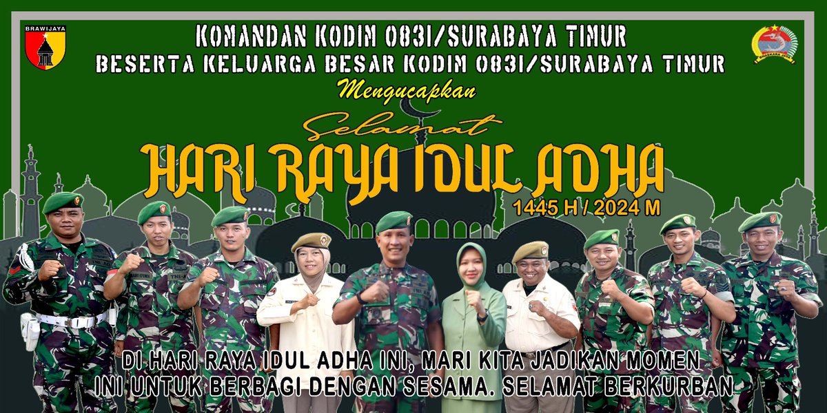 KodimTimur's tweet photo. Keluarga Besar Kodim 0831/Surabaya Timur Mengucapkan Selamat Hari Raya IDUL
ADHA 1445 H/2024M
"Semangat Berkurban untuk Ketaatan Kepedulian
kepada Sesama"
#tni
#kodam5brw
#korem084bhaskarajaya
#kodim0831
#BaktiKodamVBrawijaya
#puspentni
#tniad
#dispenad51
#pendam5 https://t.co/wsKEhZtQgD