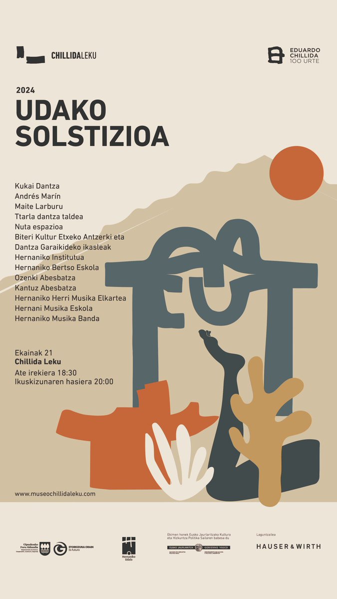 Ekainaren 21ean @chillidaleku|n #udakolstizioa ospatuko da. <a href="/kukaidantza/">Kukai Dantza</a> lantaldea eta hernaniar ugarirekin ondu dugu proposamena; zuzendaritza artistikoaz arduratzeko plazerra dut. Ostiralean da eguna eta oso gogotsu gaude, ederra izango da! <a href="/hernanikoudala/">Hernaniko Udala</a> <a href="/mikel_chillida/">Mikel Chillida</a>