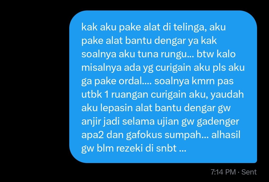 naunathz's tweet photo. halo guys gw mau klarifikasi tentang masalah ordal pake alat ditelinga. Kemarin pas UTBK ada yg ngomongin gw, ngeliatin gw karna gw pake alat bantu dengar ya di telinga dan takutnya mereka ngira kalo gw penjoki UTBK😭😭😭😭 padahal gw Tuna Rungu... https://t.co/JnruDhdzXt