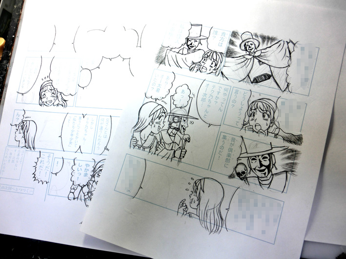 大田区産業振興協会発行の冊子テクノプラザに連載していた漫画「テク乃ちゃん」の漫画の描きかけ原稿と、フォトショでの最終仕上げの工程。 