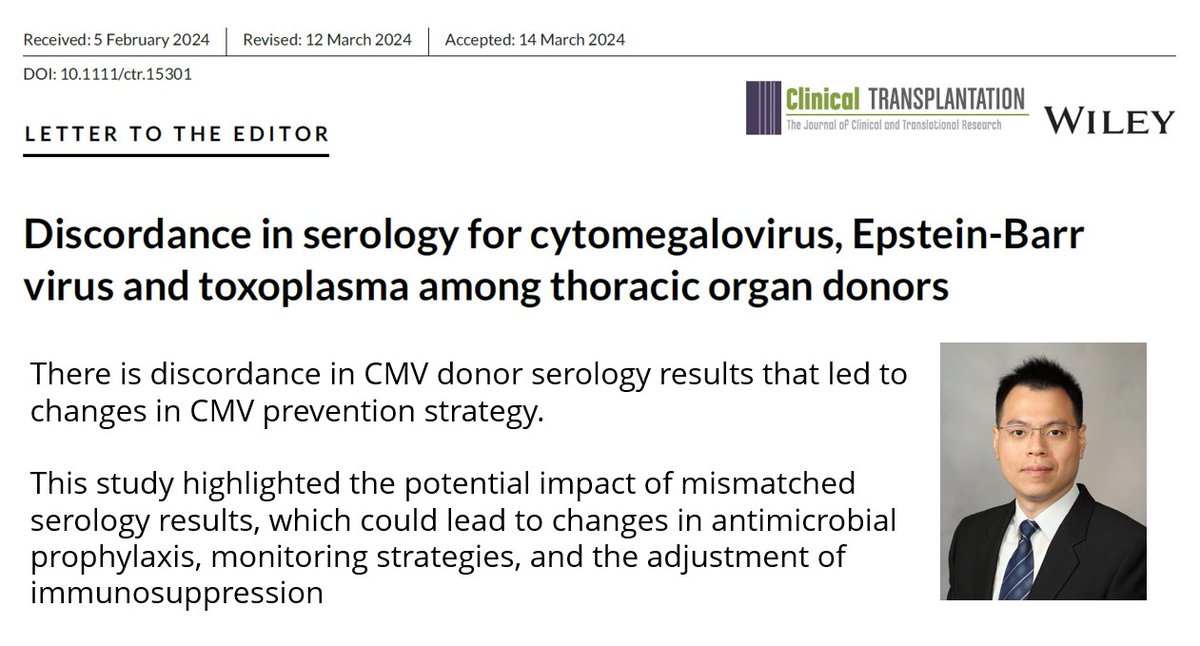 MayoClinicINFD's tweet photo. #ScholarlySunday features the work of our Transplant ID fellow Dr. Chia- Yu Chiu on the rate of serologic discordance in CMV, EBV and toxoplasma among thoracic organ donors, and its clinical implications. Congratulations! @ClinTransplant @RazonableMD @ElenaBeamMD https://t.co/7SWQ2AFMKf