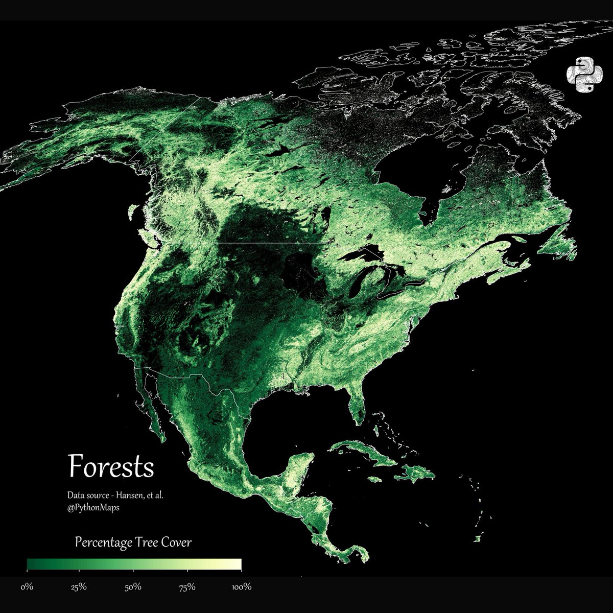 PythonMaps's tweet photo. Here is a thread of my favourite maps of North America. Let me know which you like most and give me your best theories for how thel all fit together.  Starting with Forests. 1/13 https://t.co/01NNZoCPPT