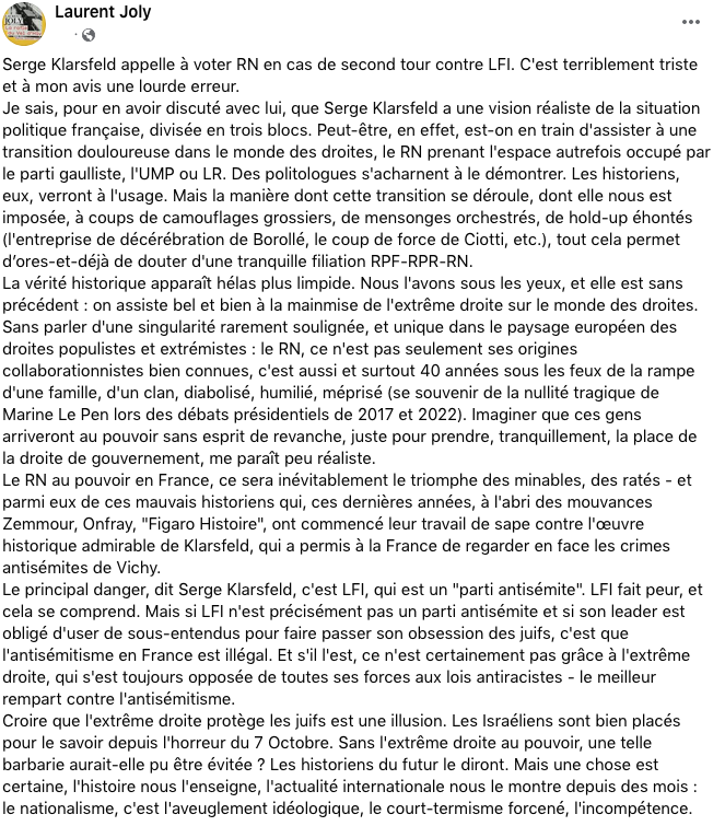 Réaction après les déclarations catastrophiques de #SergeKlarsfeld en faveur du #RN. L'historien #LaurentJoly, spécialiste de la #Shoah et de #Vichy analyse et s'oppose fortement.