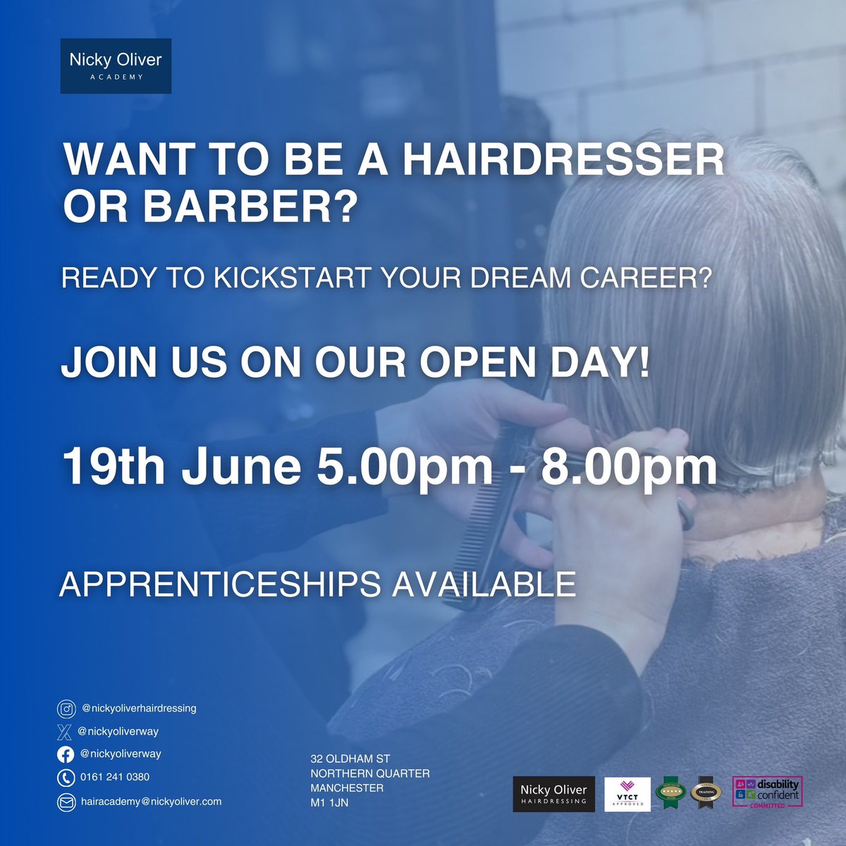 Nickyoliverhair's tweet photo. Join us on Wednesday 19th June for our Open Day &amp; embark on your journey towards becoming a skilled hairdresser or barber 💇‍♂️ 

Our Open Day is the perfect opportunity to kickstart your career in the world of hair

#barbercourse #hairdressingcourses #manchestersalon https://t.co/tlEt4CNUTo